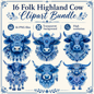 Folk Highland Cow Clipart Set: 16 PNG, Transparent Background Clipart (Instant Download)
