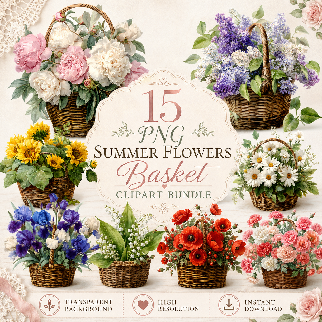 Flower Basket Clipart Set: 15 PNG, Transparent Background Clipart (Instant Download)