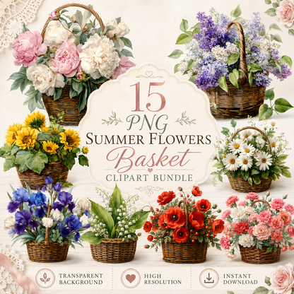 Flower Basket Clipart Set: 15 PNG, Transparent Background Clipart (Instant Download)