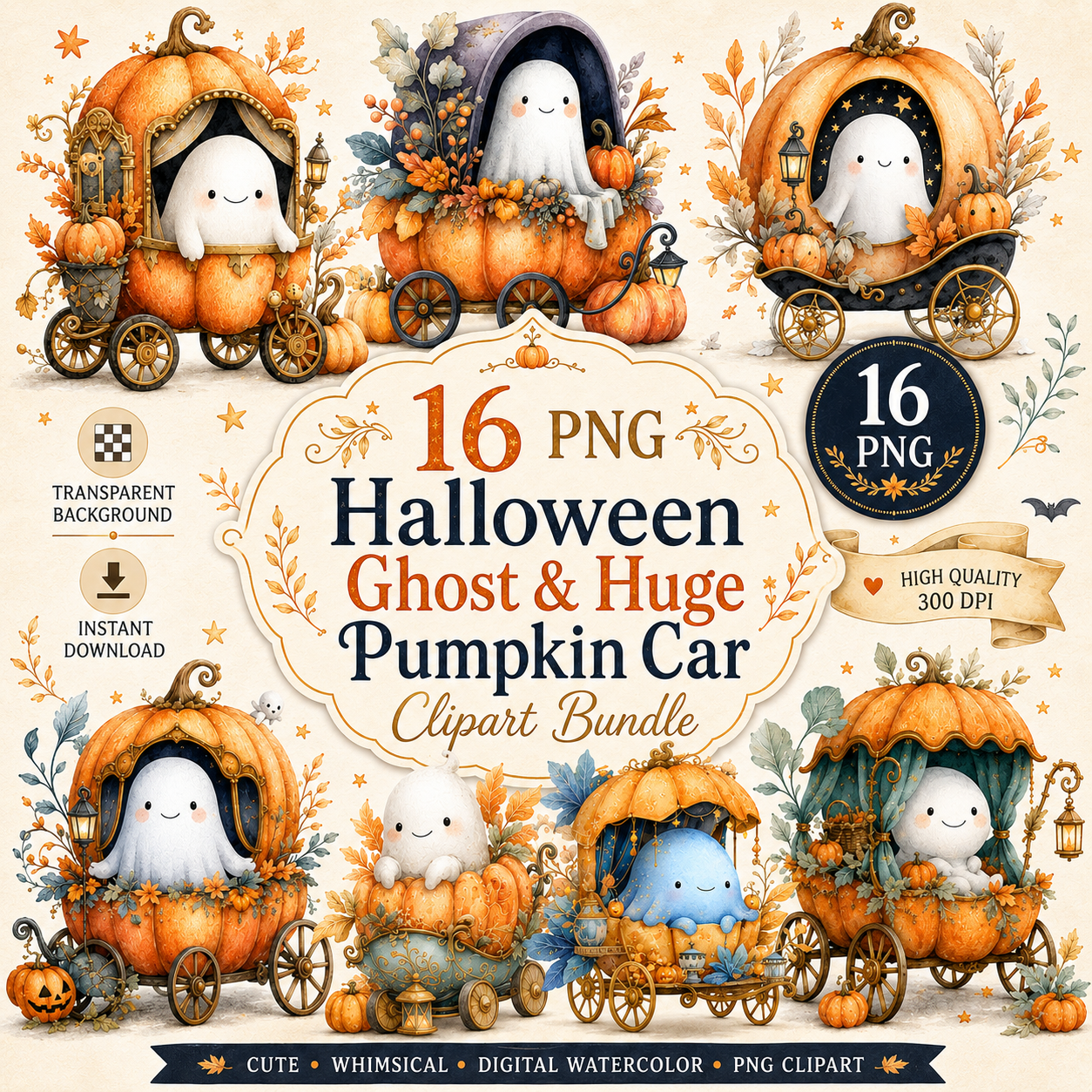 Halloween Ghost In Pumpkin Car Clipart Set: 16 PNG, Transparent Background Clipart (Instant Download)