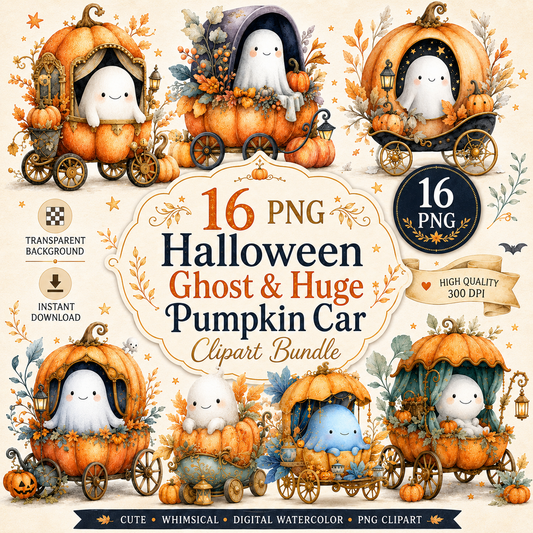 Halloween Ghost In Pumpkin Car Clipart Set: 16 PNG, Transparent Background Clipart (Instant Download)