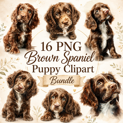 Brown Spaniel Puppy Clipart Set: 16 PNG, Transparent Background Clipart(Instant Download)
