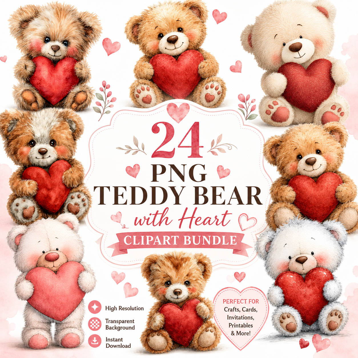 Teddy Bear With The Heart Clipart Set: 24 PNG, Transparent Background Clipart (Instant Download)