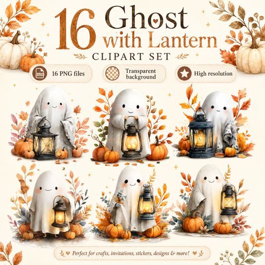 Ghost With Lanteren Clipart Set: 16 PNG, Transparent Background Clipart (Instant Download)