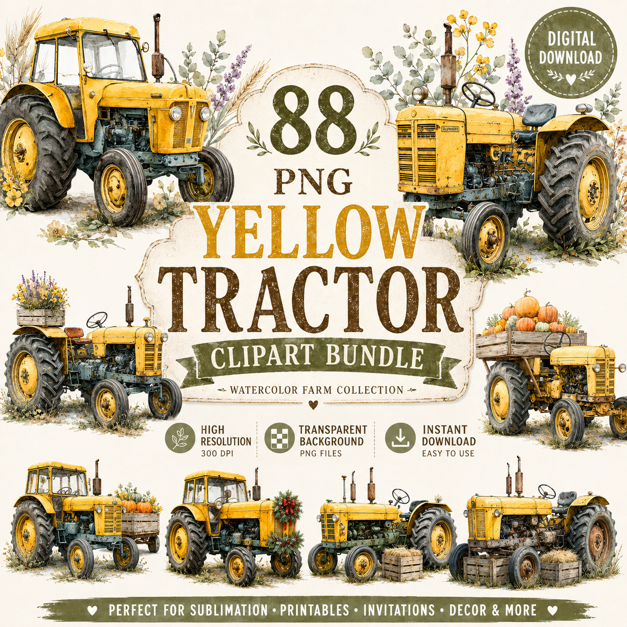 Yellow Tractor Clipart Set: 88 PNG, Transparent Background Clipart (Instant Download)