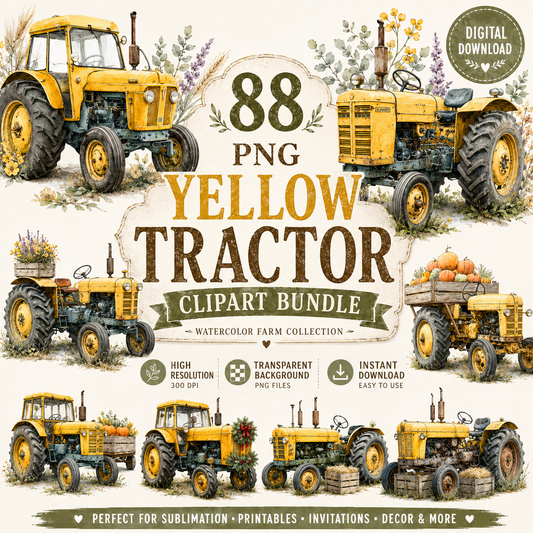 Yellow Tractor Clipart Set: 88 PNG, Transparent Background Clipart (Instant Download)