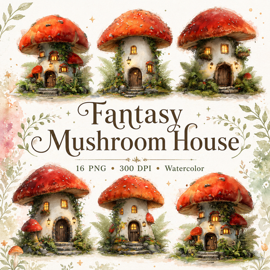 Fantasy Mushroom House Clipart Set: 16 PNG Watercolor Designs, Fairy Cottage Digital Graphics, Whimsical Woodland Clipart(Instant Download)