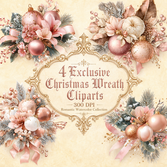 Watercolor Elegance Christmas Wreath Set 4 PNG (Instant Download)