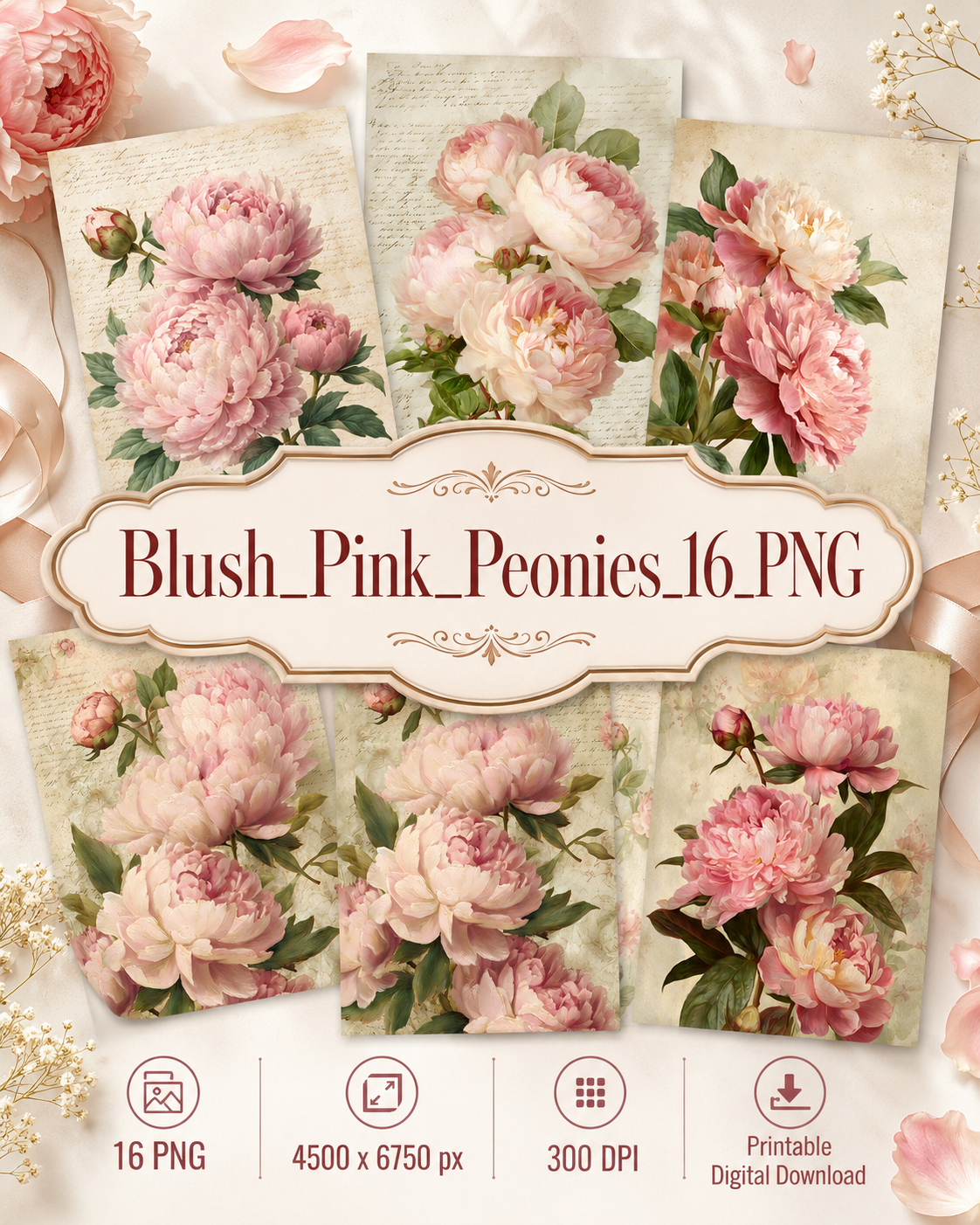 Blush Pink Peonies Printable Design Sheets – 16 A4 Digital Pages for Crafts (Instant Download)