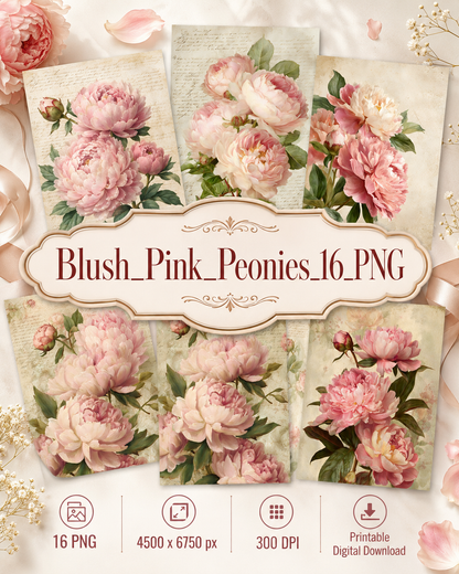 Blush Pink Peonies Printable Design Sheets – 16 A4 Digital Pages for Crafts (Instant Download)
