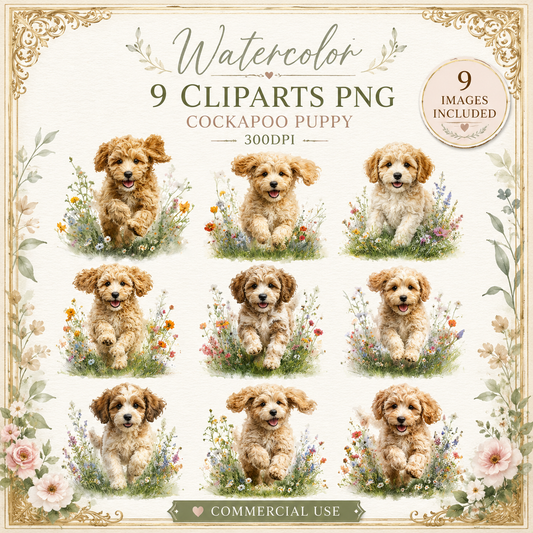 Cockapoo Puppet Clipart Set: 9 PNG Watercolor Designs, Fairy Cottage Digital Graphics, Whimsical Woodland Clipart(Instant Download)