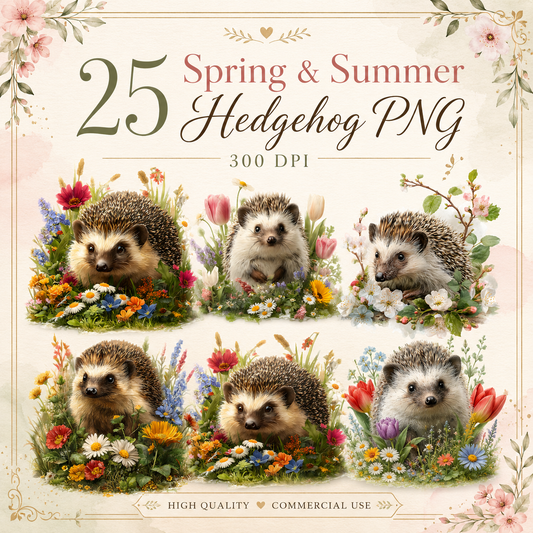 Spring And Summer Hedgehog Clipart Set: 25 PNG Watercolor Designs, Fairy Cottage Digital Graphics, Whimsical Woodland Clipart(Instant Download)