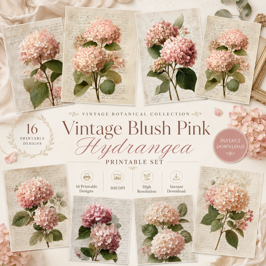 Blush Pink Hydrangeas Printable Design Sheets – 16 A4 Digital Pages for Crafts (Instant Download)