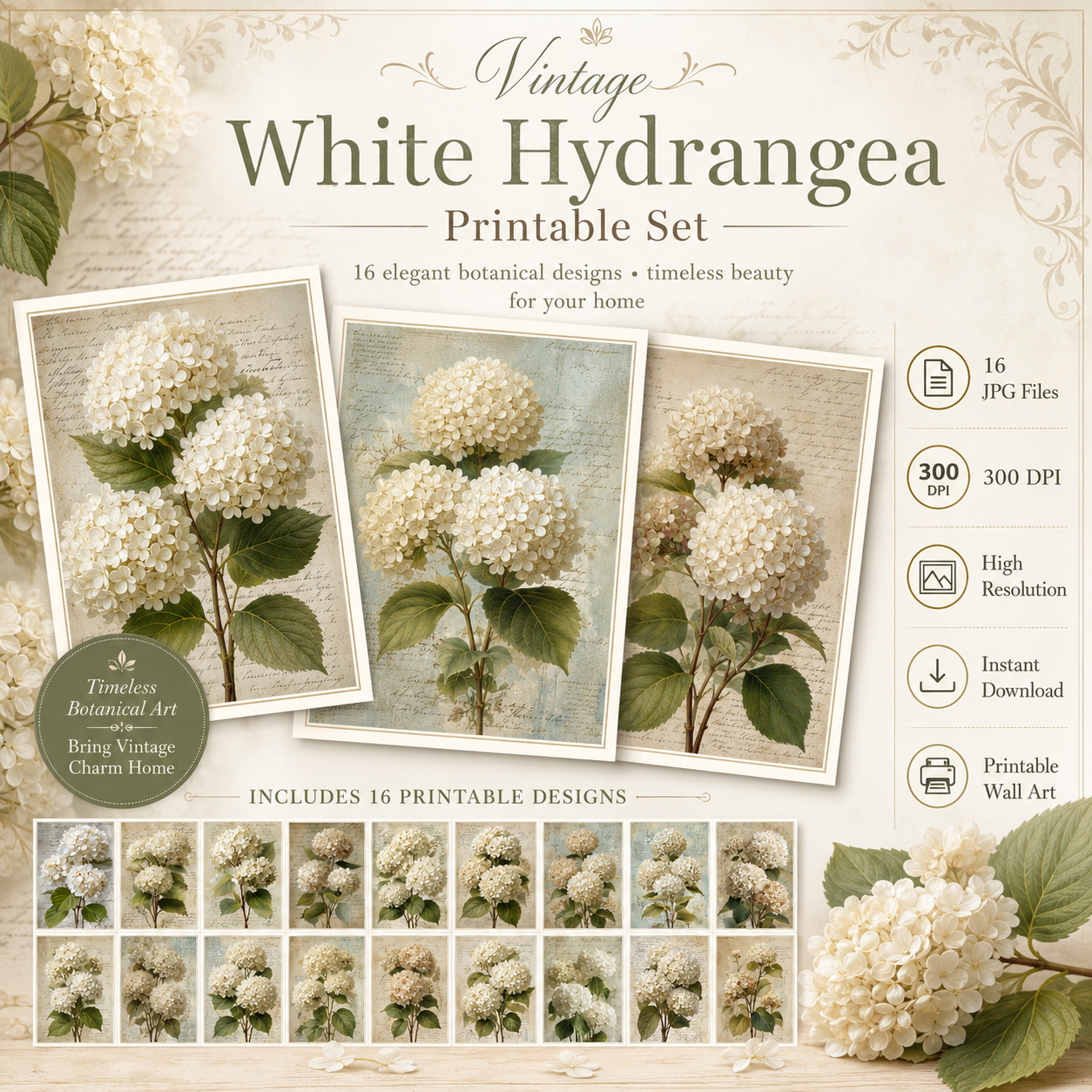 Ivory & Sage Hydrangeas Printable Design Sheets – 16 A4 Digital Pages for Crafts (Instant Download)