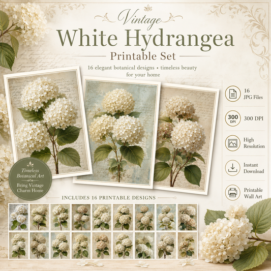 Ivory & Sage Hydrangeas Printable Design Sheets – 16 A4 Digital Pages for Crafts (Instant Download)
