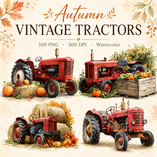 Autumn Vintage Tractor Clipart Set: 100 Watercolor PNG Designs, Fall Farmhouse Harvest Tractor Graphics (Instant Download)