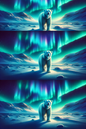 Wall Art Poster / Greeting Card / Sticker Sheet – Bear On The Background Of The Aurora Borealis Collage Cat. No. 223