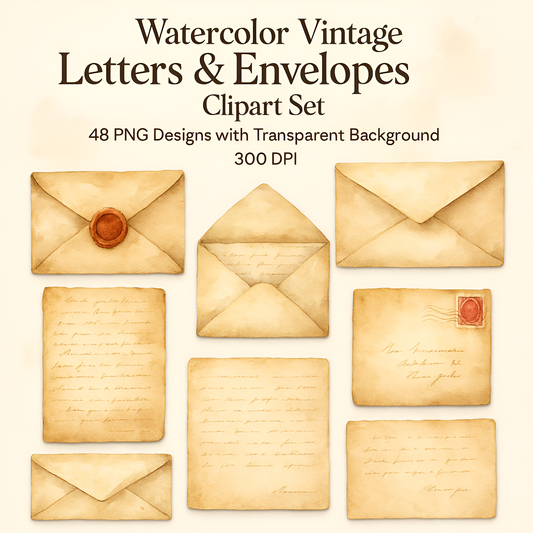 Watercolor Vintage Letters & Envelopes Clipart Set: 48 PNG Designs with Transparent Background (Digital Download)