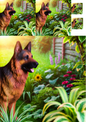 Wall Art Poster / Greeting Card / Sticker Sheet – German Shepherd Dog In The Garden Collage Cat. No. 1361