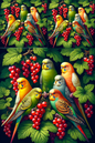 Wall Art Poster / Greeting Card / Sticker Sheet – Budgies on Red Currant Cat No. 245