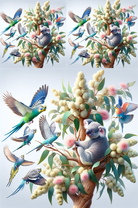 Sticker Sheet – Budgerigars With Koala On Eucalyptus Cat. No. 249