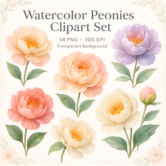 Watercolor Peonies Clipart Set: 48 PNG Designs with Transparent Background (Digital Download)