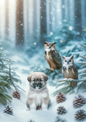Wall Art Poster / Greeting Card / Sticker Sheet – Dog, Owls in Winter Full Cat No. 776