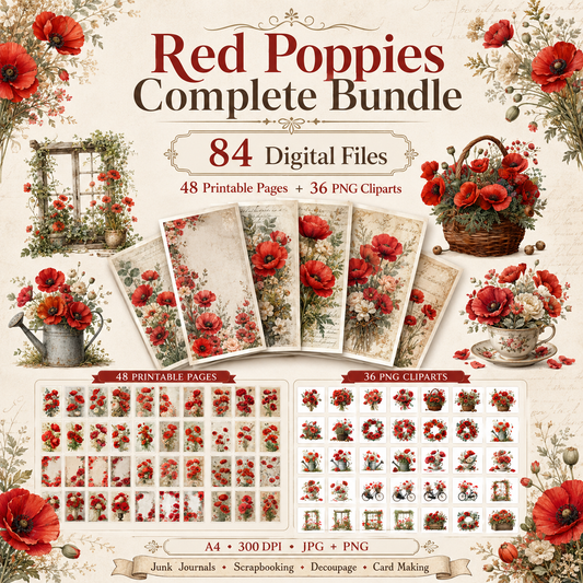 Red Poppies & Clipart Bundle – 84 Digital Files, 48 A4 Sheets + 36 Cliparts for Crafts (Instant Download)