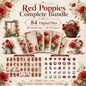 Red Poppies & Clipart Bundle – 84 Digital Files, 48 A4 Sheets + 36 Cliparts for Crafts (Instant Download)