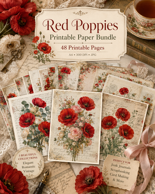 Red Poppies Printable Design Sheets – 48 A4 Digital Pages for Crafts (Instant Download)