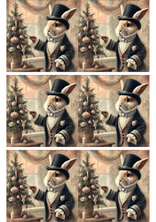 Sticker Sheet – Rabbit In A Hat Decorates A Christmas Tree Vintage Collage Cat. No. 3103