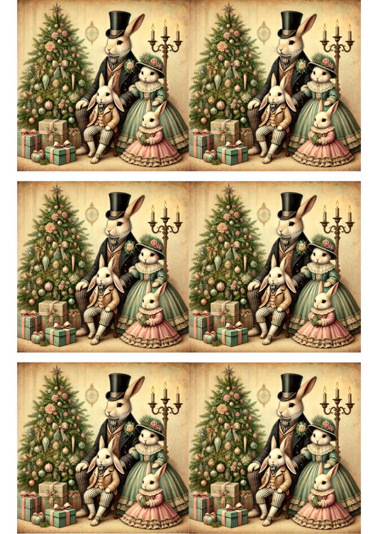 Sticker Sheet – Rabbit Family By The Christmas Tree Vintage Collage Cat. No. 3107