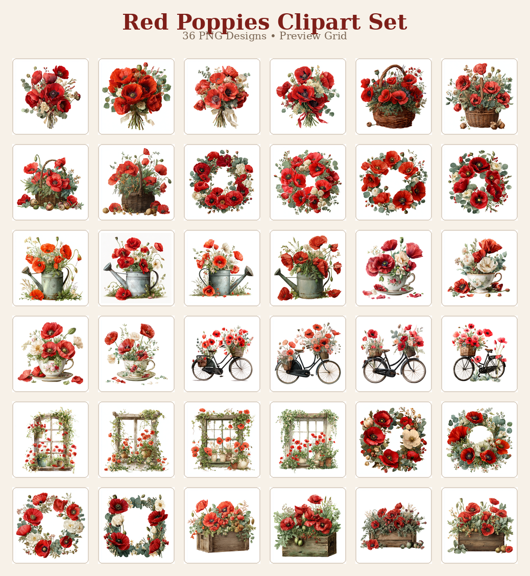 Red Poppies & Clipart Bundle – 84 Digital Files, 48 A4 Sheets + 36 Cliparts for Crafts (Instant Download)