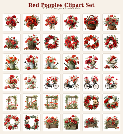Red Poppies & Clipart Bundle – 84 Digital Files, 48 A4 Sheets + 36 Cliparts for Crafts (Instant Download)