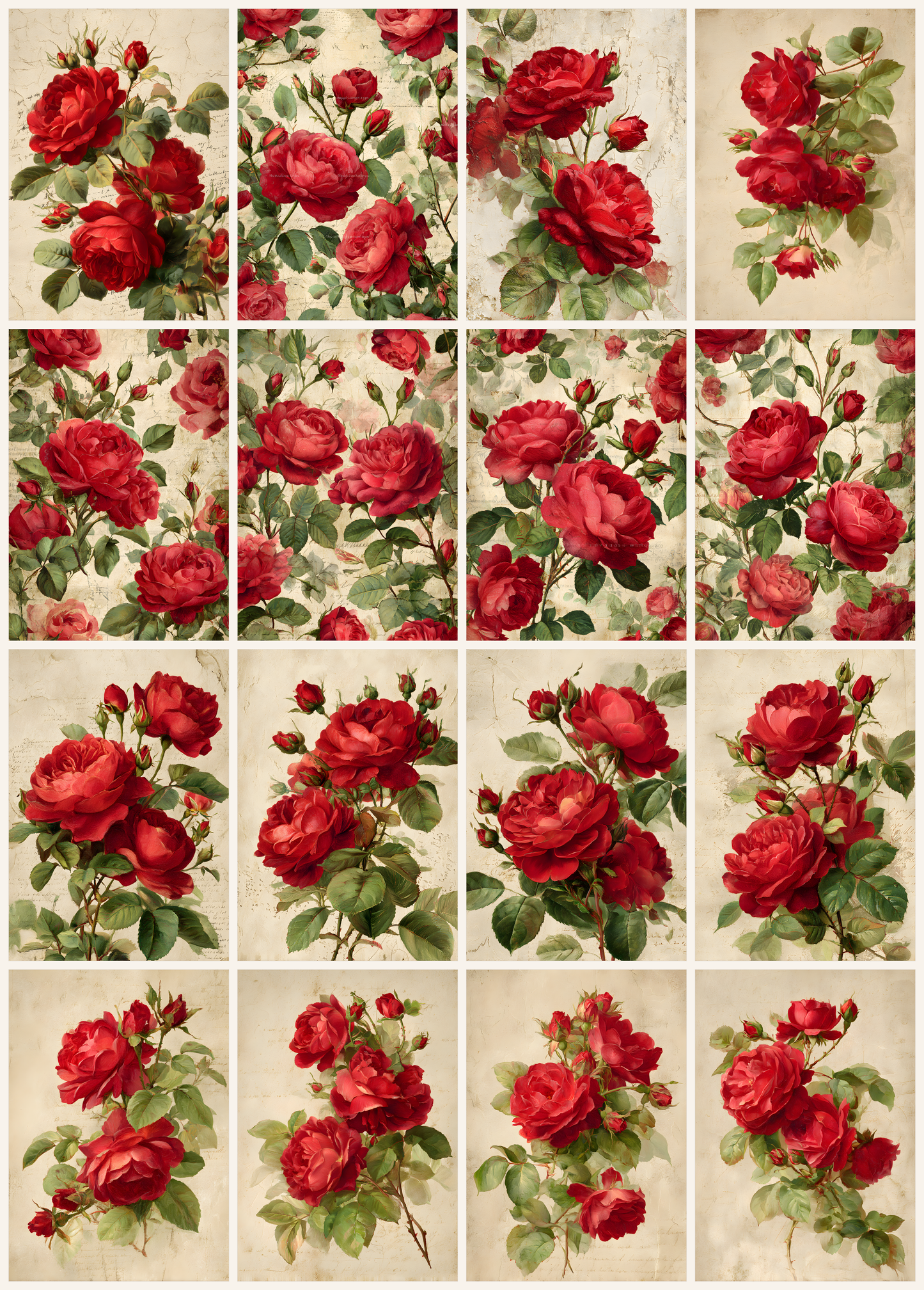 Romantic Red Roses Printable Design Sheets – 16 A4 Digital Pages(Instant Download)