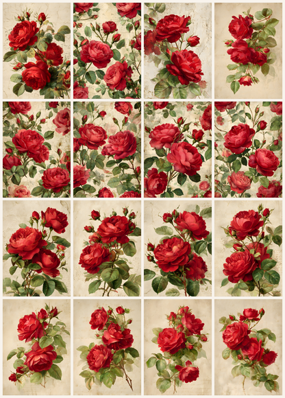 Romantic Red Roses Printable Design Sheets – 16 A4 Digital Pages(Instant Download)