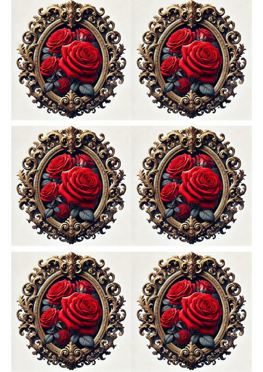 Sticker Sheet – Red Rose Baroque Oval Collage Cat. No. 3113