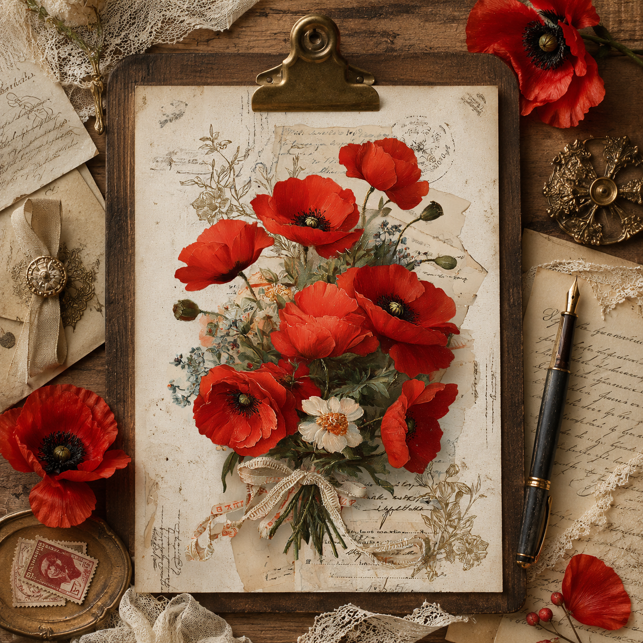 Romantic Red Poppies Printable Design Sheets – 16 A4 Digital Pages for Crafts (Instant Download)