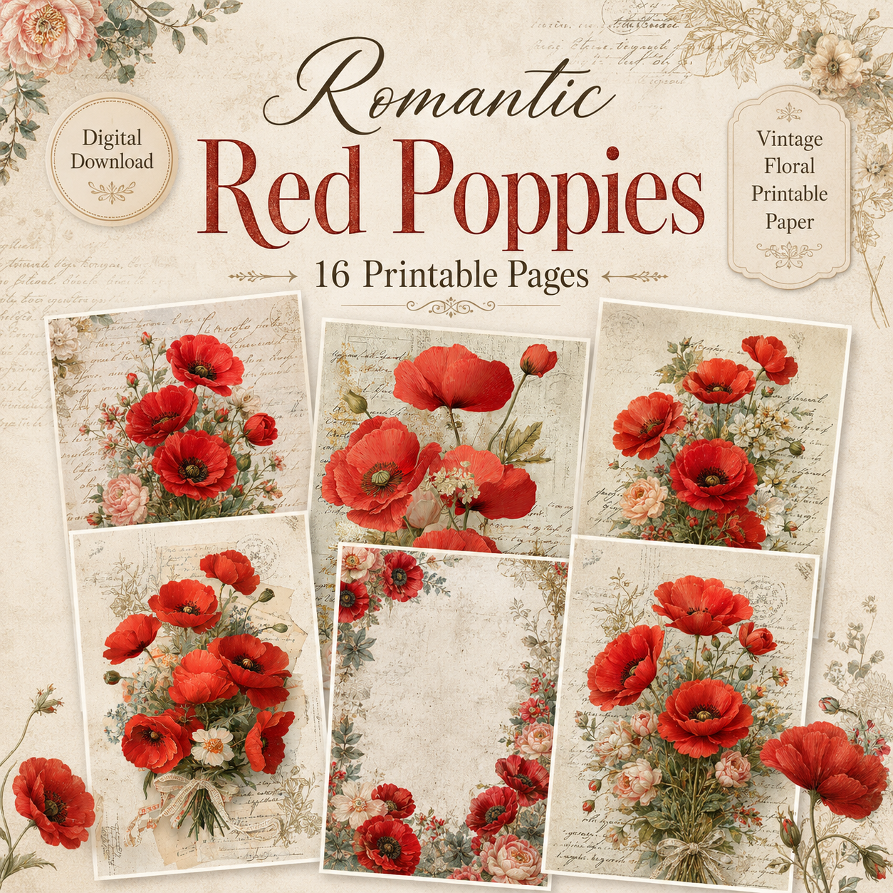 Romantic Red Poppies Printable Design Sheets – 16 A4 Digital Pages for Crafts (Instant Download)