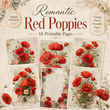 Romantic Red Poppies Printable Design Sheets – 16 A4 Digital Pages for Crafts (Instant Download)