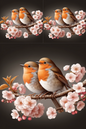 Wall Art Poster / Greeting Card / Sticker Sheet – Robins on Cherry Cat No. 283