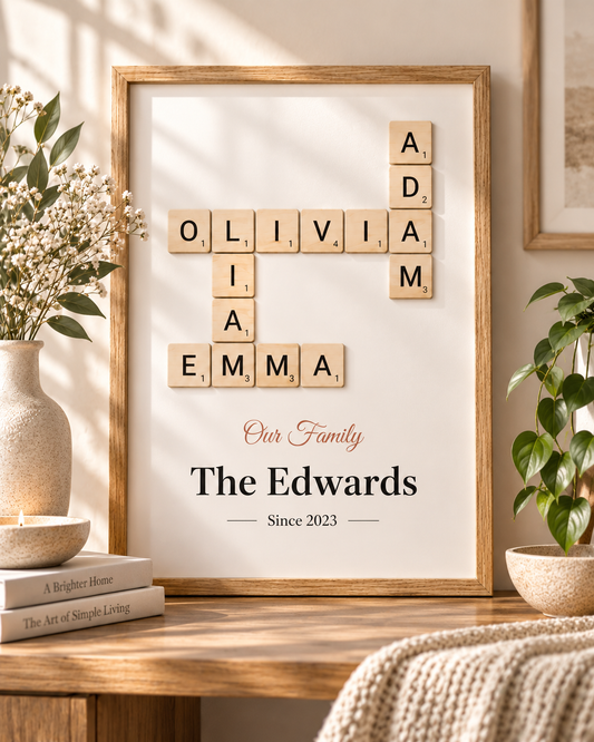 Personalised Family Names Scrabble Art, Custom Crossword Print, Unique Family Gift