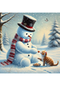 Wall Art Poster / Greeting Card / Sticker Sheet – Snowman Is Feeding Little Kitten Full Cat. No. 2466
