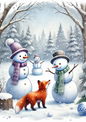 Wall Art Poster / Greeting Card / Sticker Sheet – Snowmen and Fox Full Cat. No. 2470