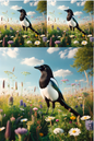 Wall Art Poster / Greeting Card / Sticker Sheet – Magpies In The Meadow Collage Cat No. 797