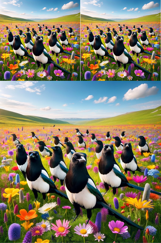 Sticker Sheet – Magpies In Flower Meadow Collage Cat No. 817