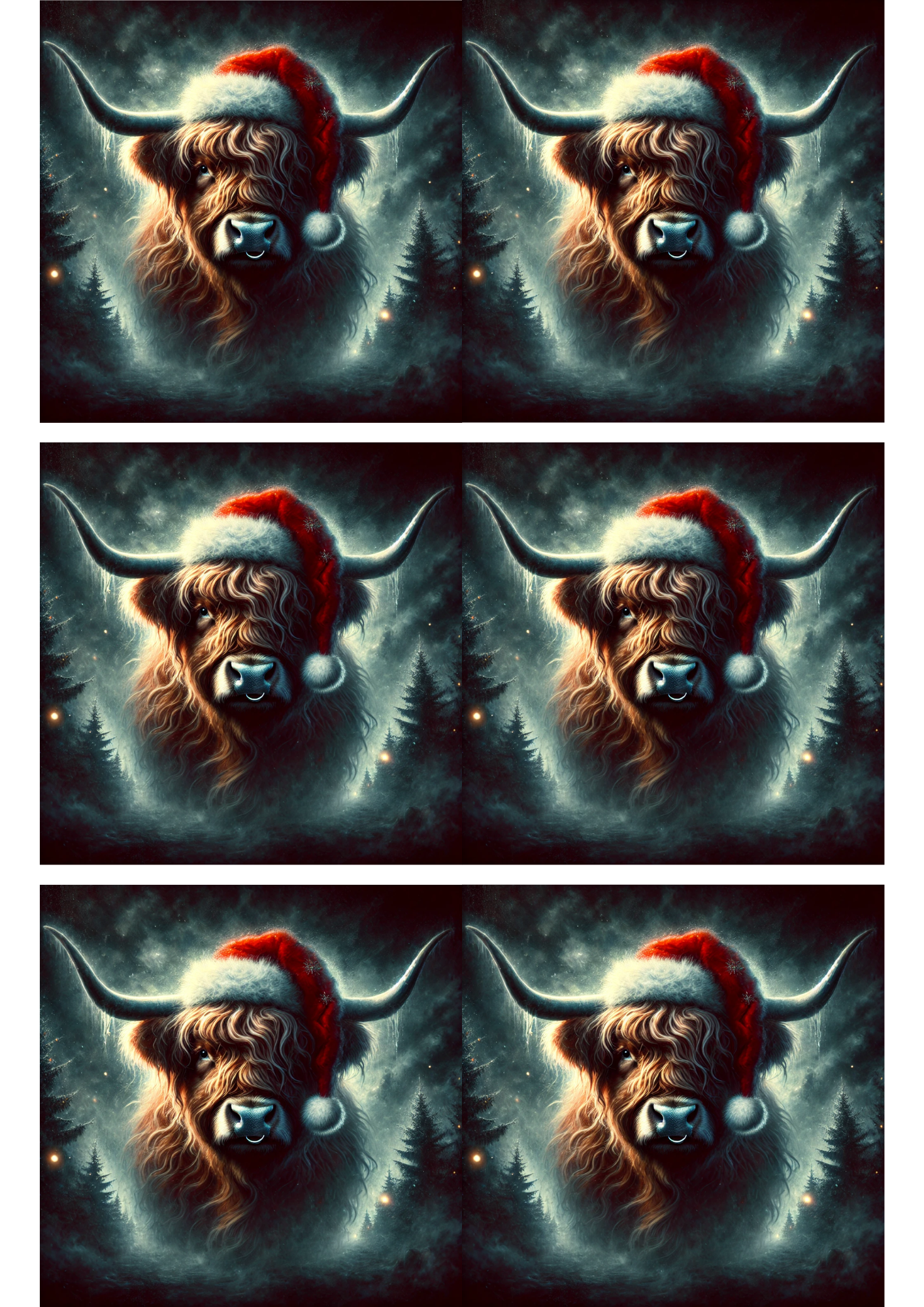 Sticker Sheet – Highland Cow Surrealist In Christmas Hat Collage Cat. No. 2911