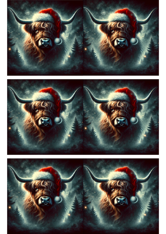 Sticker Sheet – Highland Cow Surrealist In Christmas Hat Collage Cat. No. 2911