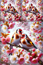 Wall Art Poster / Greeting Card / Sticker Sheet – Goldfinches On A Blossoming Cherry Tree Cat. No. 429