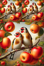 Wall Art Poster / Greeting Card / Sticker Sheet – Goldfinches on Apple Tree 2, Cat. No. 433